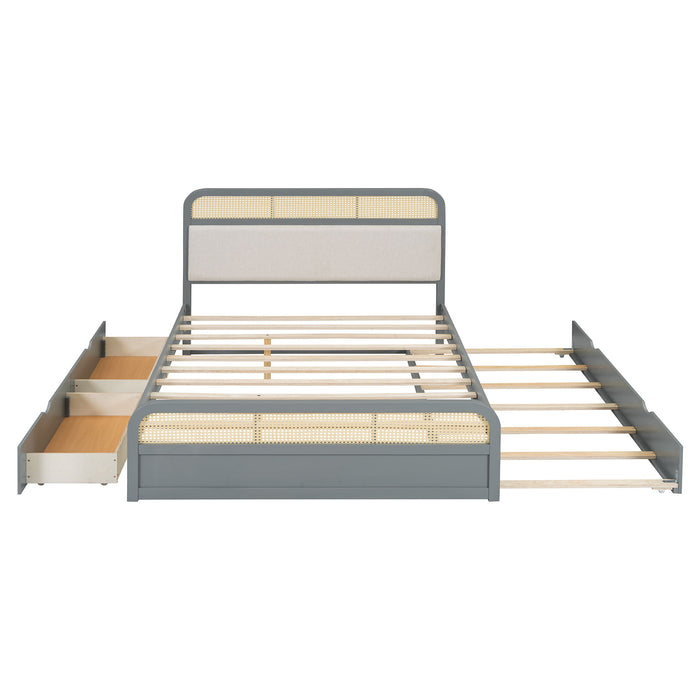 Wooden Platform Bed With Trundle And 2 Drawers