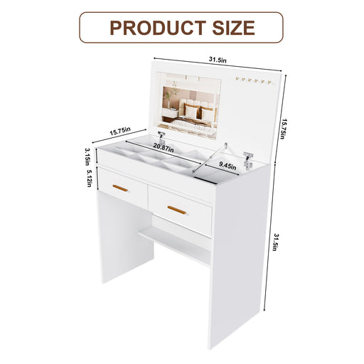 Flip Top Vanity Desk With LED Mirror & Outlet Makeup Table With 2 Drawers, Open Storage, And Jewelry Hooks - White Home Essentials