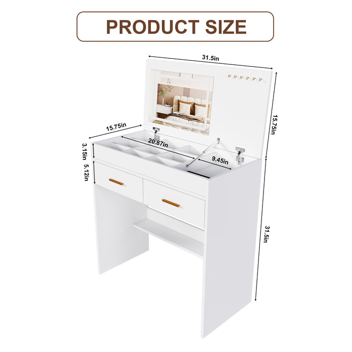 Flip Top Vanity Desk With LED Mirror & Outlet Makeup Table With 2 Drawers, Open Storage, And Jewelry Hooks - White Home Essentials