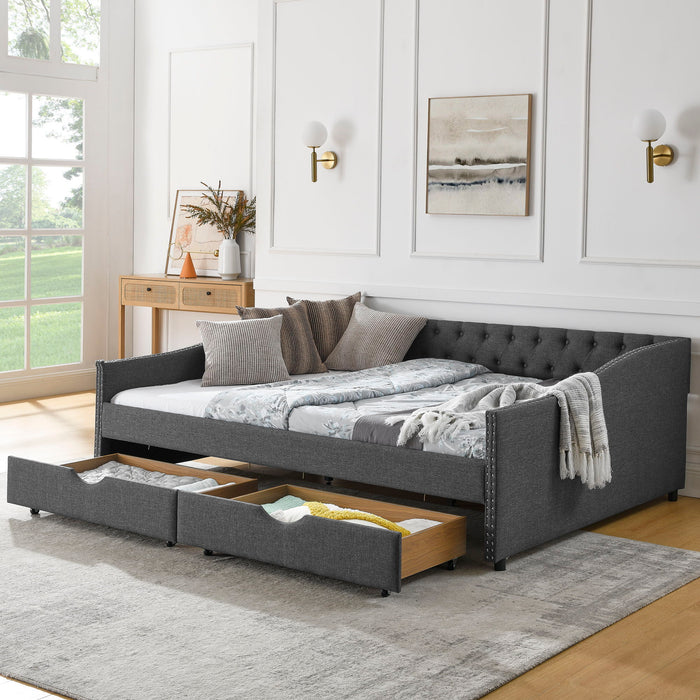 Upholstered Tufted Daybed With 2 Drawers, Waved Arms Home Essentials