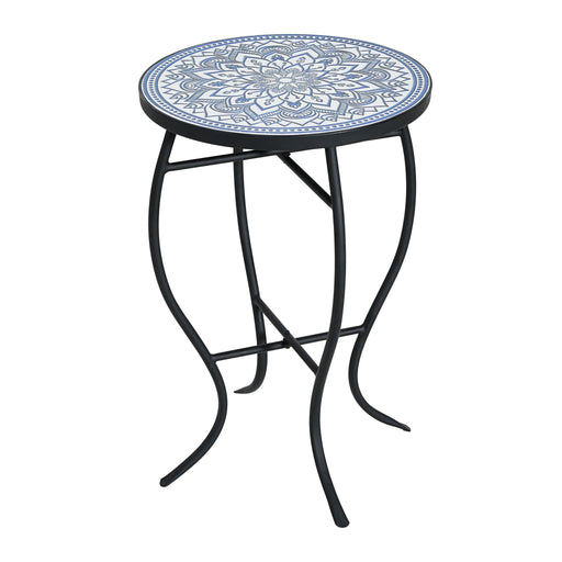 Outdoor Round Side Table With Mosaic Style Top And Curved Iron Legs Noble House