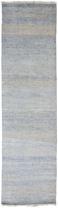 Striped Hand Knotted Runner Rug - Blue And Silver Wool - 12'