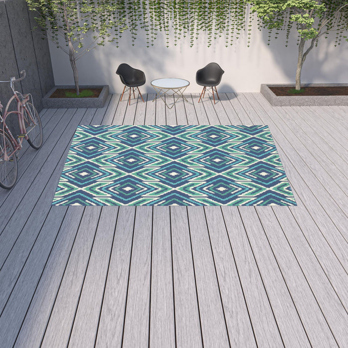 9' X 13' Geometric Stain Resistant Indoor & Outdoor Area Rug - Ivory / Blue