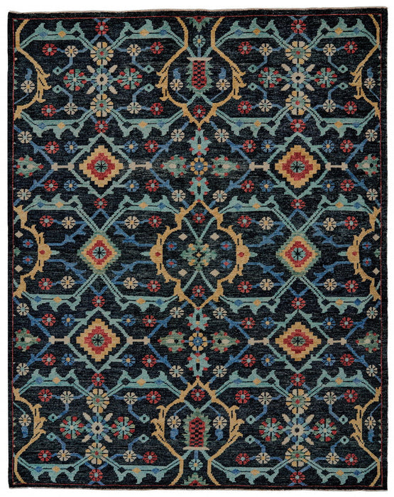 Floral Hand Knotted Distressed Stain Resistant Area Rug With Fringe - Blue Yellow And Red Wool - 4' X 6'
