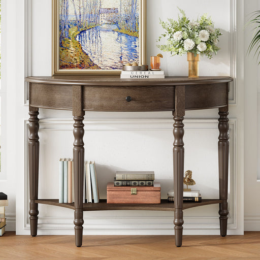 Half Moon Console Table With Drawer & Shelf For Living Room - Walnut Hearth and Haven