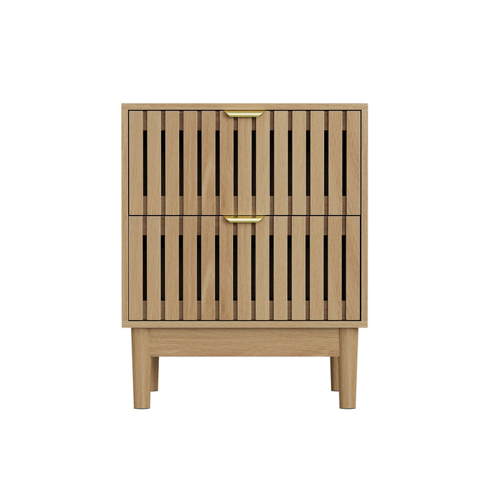 Bedside Table With Grille Design And 2 Drawers, Side Table For Bedroom - Oak Home Essentials