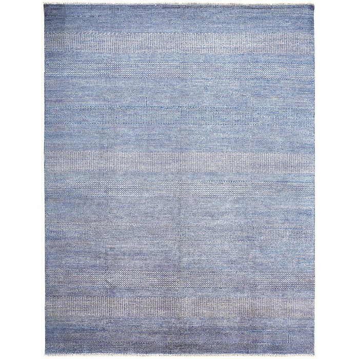 Striped Hand Knotted Area Rug - Blue And Silver Wool - 12' X 15'