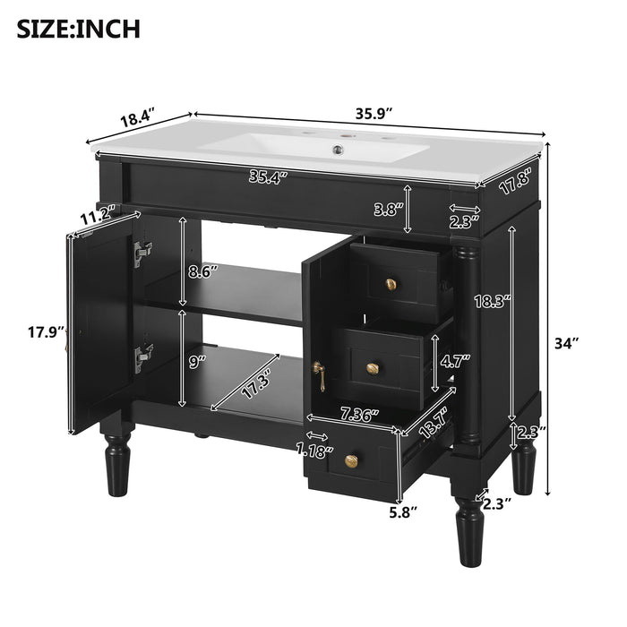 Bathroom Vanity With Ceramic Sink, 2 Doors 3 Drawers, Soft Close Design