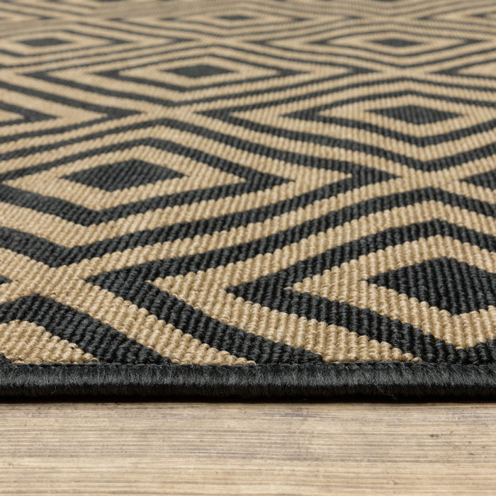 2' X 8' Geometric Stain Resistant Indoor / Outdoor Area Rug - Black / Tan