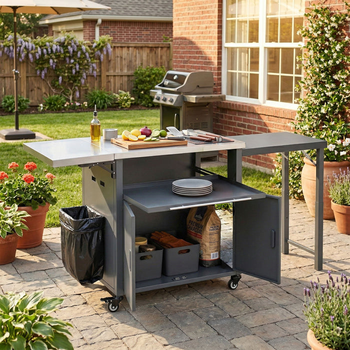 Foldable Outdoor Prep Station BBQ Cart With Trash Rack Hearth and Haven