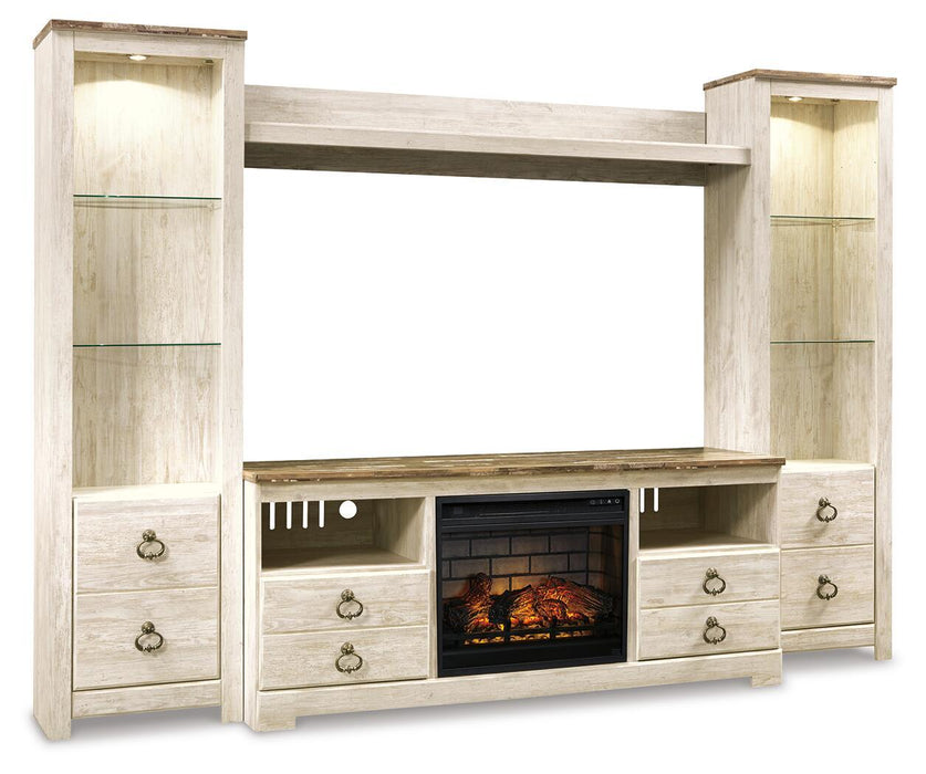 Willowton - Entertainment Center - TV Stand With Faux Firebrick Fireplace Insert - Whitewash Signature Design by Ashley®
