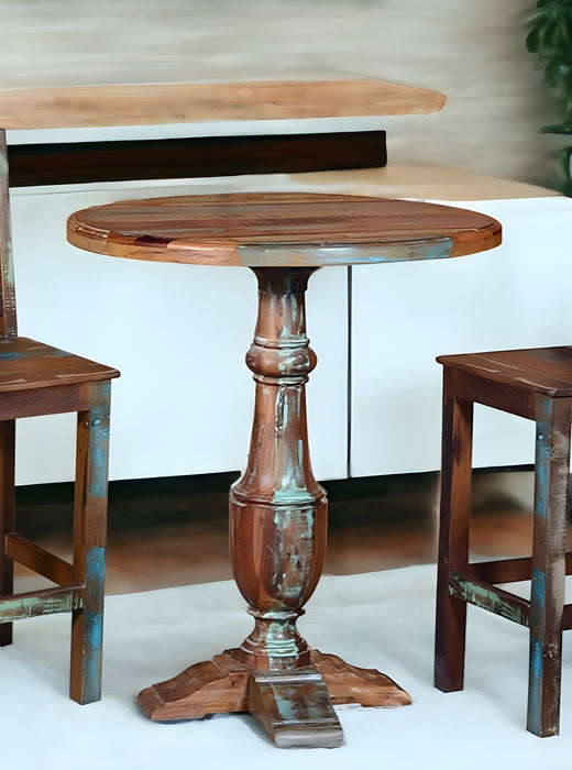 Patina Distressed Wood Round Pedestal High Top Table - Brown