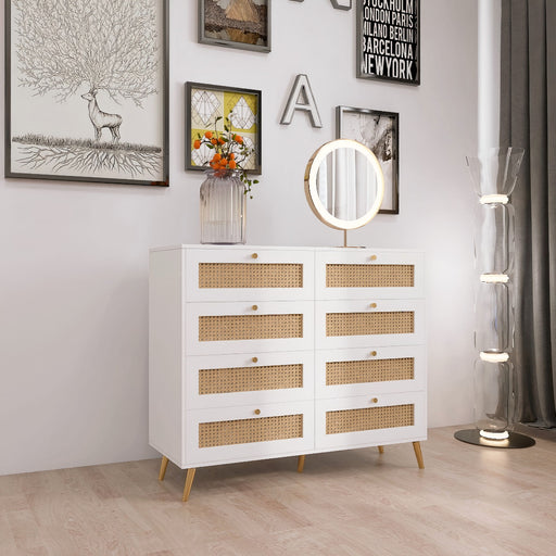 8 Drawers Chest Of Drawers With Rattan Drawer Face Golden Legs And Handles - White Home Essentials