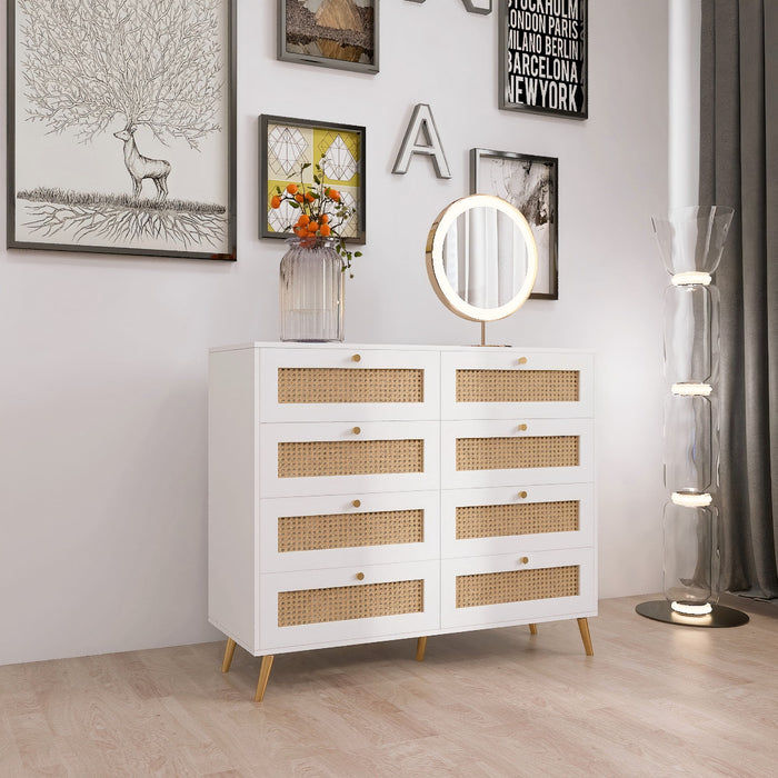 8 Drawers Chest Of Drawers With Rattan Drawer Face Golden Legs And Handles - White Home Essentials