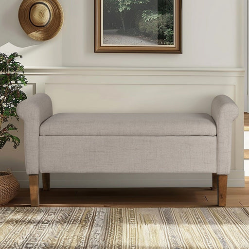 Upholstered Storage Bench With Rolled Armrests - Beige JLA