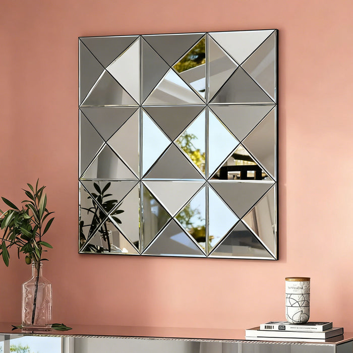 3D Beveled Wall Mirror With Frame, Large Square Design For Living Room - Silver Daily Nest