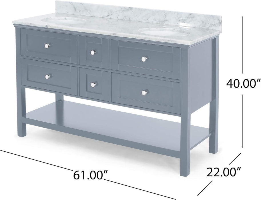 61'' Bathroom Vanity With Marble Top & Double Ceramic Sinks, 4 Drawers, Open Shelf, Gray