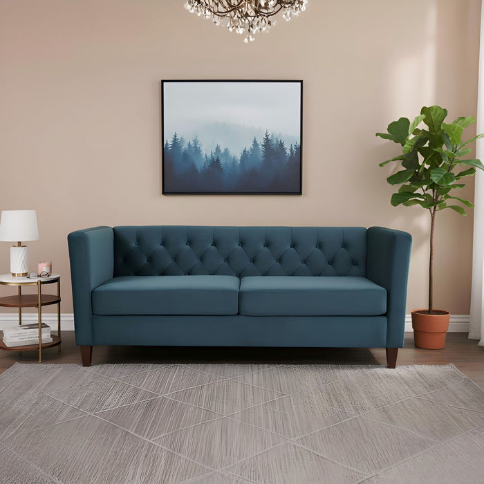 Button Tufted 3 Seater Sofa, Upholstered Couch For Living Room - Navy Blue US Pride