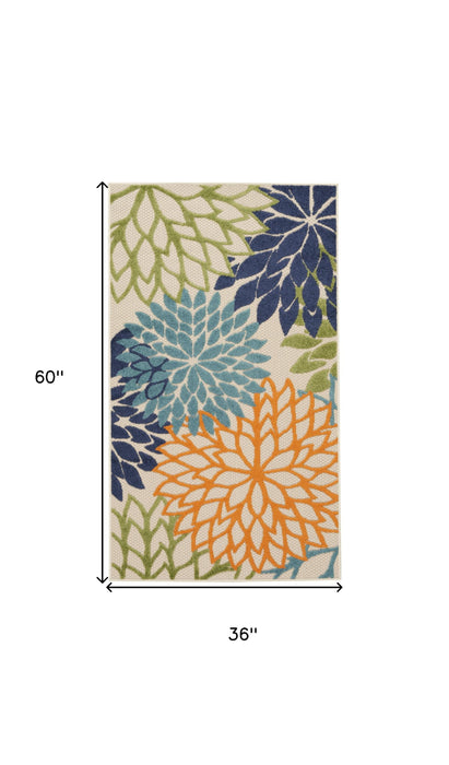 3' X 5' Floral Non Skid Indoor / Outdoor Area Rug - Cream / Blue