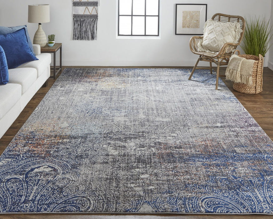Abstract Power Loom Distressed Stain Resistant Area Rug - Taupe Blue And Ivory - 2' X 3'