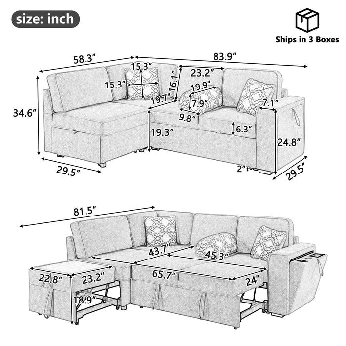 Convertible Sectional L-Shaped Sofa With Dual Pull-Out Sleepers, Flip-Top Table, USB Ports, Cup Holder & Storage