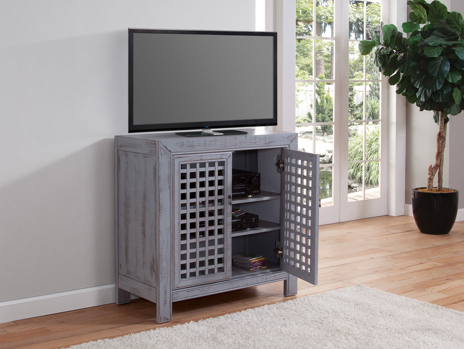 Farmhouse Inspired Accent CabineT-Lattice Work Front, Distressed Gray Finish