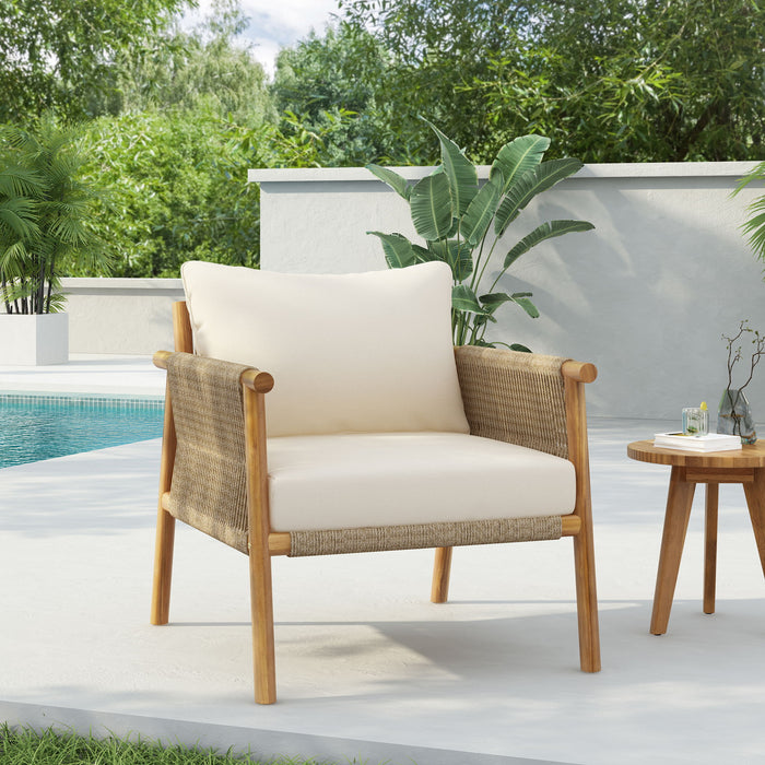 Modern Outdoor Woven Lounge Chair With Solid Frame And Cushions Noble House