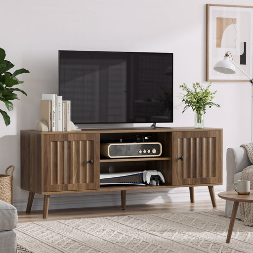 55" TV Cabinet With Vertical Groove Doors, Adjustable Shelves - Walnut Home Essentials