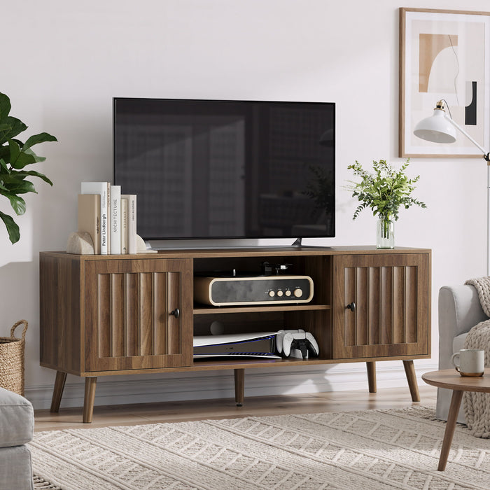 55" TV Cabinet With Vertical Groove Doors, Adjustable Shelves - Walnut Home Essentials