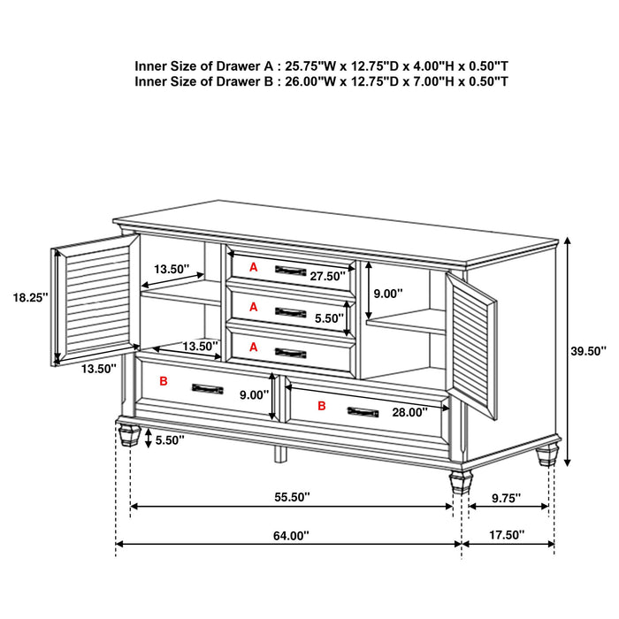 Lockeford - 5 Drawer Dresser With Side Cabinets - White Furniture Max