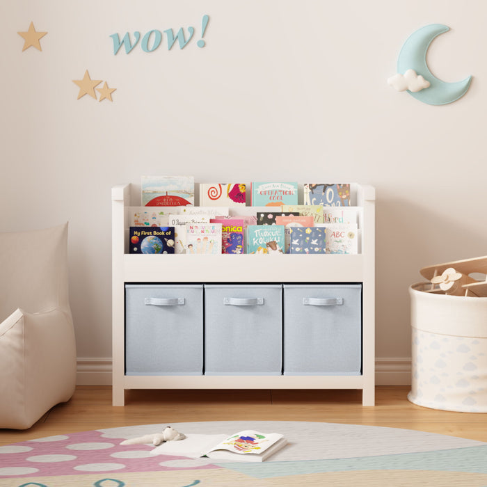 Bookshelf With 3 Tier Front Facing Storage And 3 Bins, Toddler Bookcase For Playroom - White