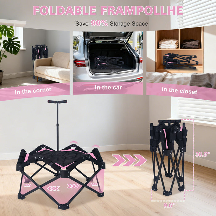 Foldable Mini Trampoline, 1 Step Fold & Open, 3 Level Adjustable T - Bar, Indoor & Outdoor Workout - Black / Pink Daily Nest