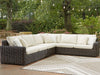 Kimora - 7 Pc. - 4-Piece Outdoor Sectional, Swivel Glider Lounge, Cocktail Table, End Table - Beige / Dark Brown Signature Design by Ashley®