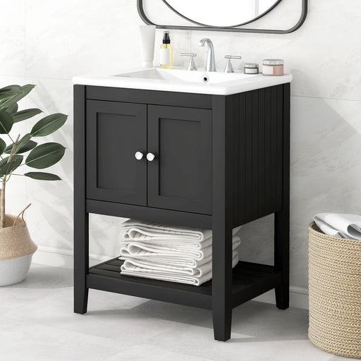 Modern Bathroom Vanity With Sink And Open Shelf Hearth and Haven