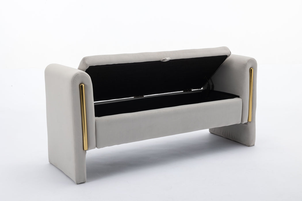 Velvet Fabric Storage Bench Bedroom Bench With Gold Metal Trim Strip For Living Room Bedroom Indoor, Light Gray