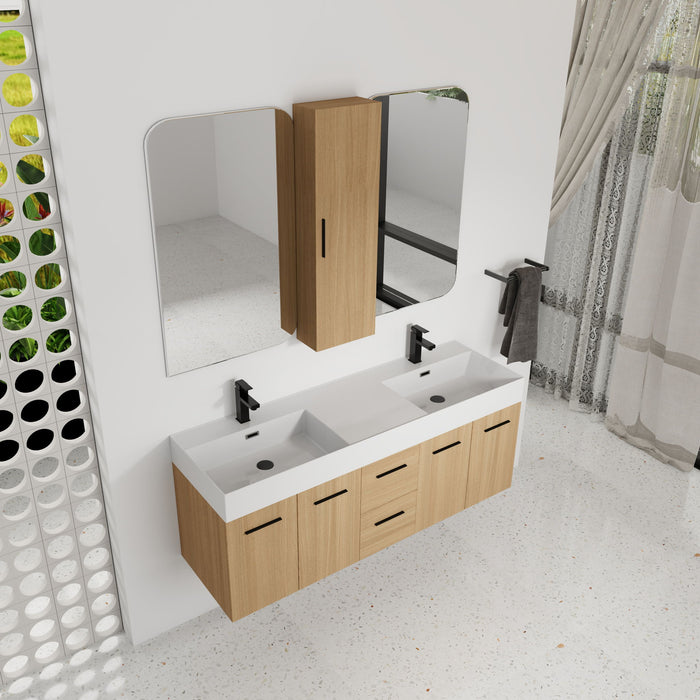 Floating Double Sink Bathroom Vanity Set With Tall Linen Cabinet, Drawers And Doors, Extra Large Storage, Integrated Sink, Soft Close Hardware - Glossy White / Light Oak Home Essentials
