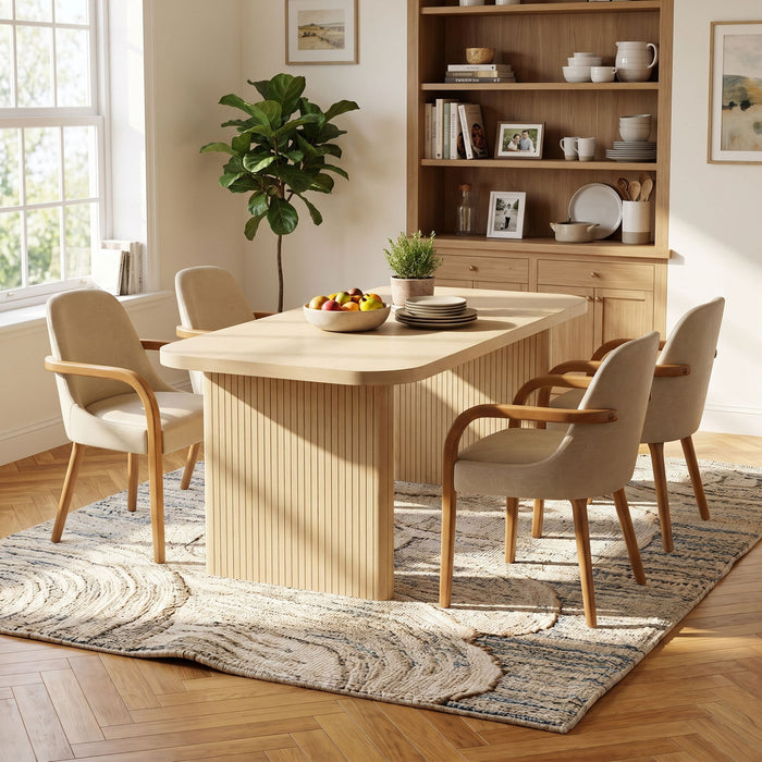 5 Piece Indoor Dining Set With Fluted Table & Chairs - Khaki / Light Oak / Natural Noble House