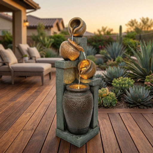 4 Tier Outdoor Water Fountain With Warm LED Lights For Patio - Brown / Tan Daily Nest