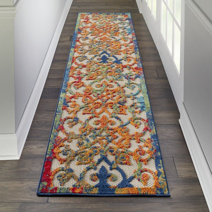 2' X 8' Floral Outdoor & Indoor Area Rug - Ivory / Blue