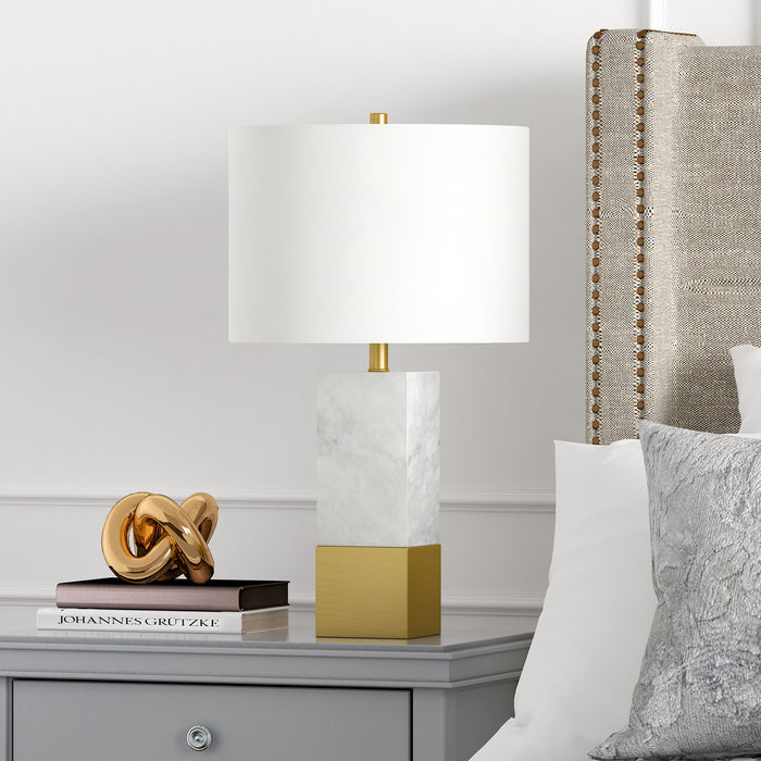 Marble Table Lamp With White Drum Shade - Gold And White
