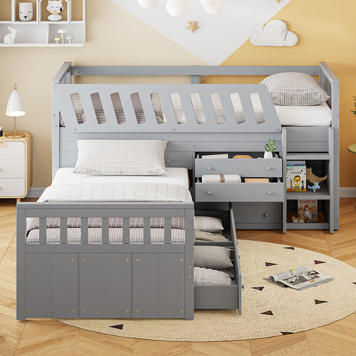 Loft Platform Bed With 7 Drawers And Full Guardrails, Modern L Shaped Space Savin DreamHaus