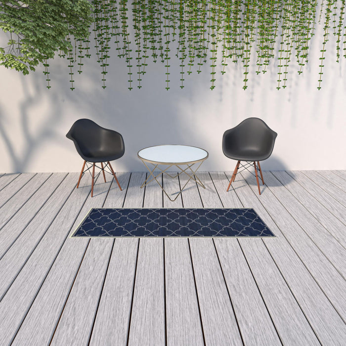 2' X 8' Geometric Stain Resistant Outdoor / Indoor Area Rug - Blue / Ivory