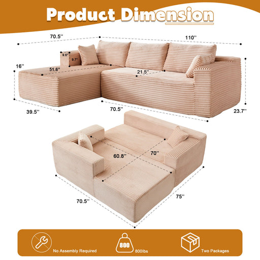 Compression Sectional Couch With Comfy Chaise, Boneless L Shape Sofa With Deep Seat Home Essentials