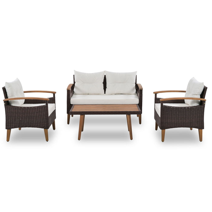 4 Piece Garden Furniture, Patio Seating Set, Outdoor Sofa Set, Wood Table And Legs - Brown / Beige