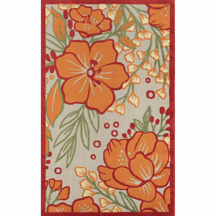 5' X 8' Floral Stain Resistant Indoor / Outdoor Area Rug - Orange / Ivory