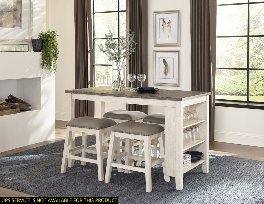 Antique White Finish 5 Piece Counter Height Set Multifunctional Counter Height Table With 4 Stools Brown Fabric Upholstered Nailhead Trim Dining Room Furniture