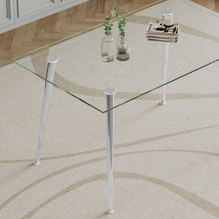 Dining Table (Set of 5) Thick Top Dining Table With Metal Legs And Four Fabric Dining Chairs, Table - Silver - Tempered Glass
