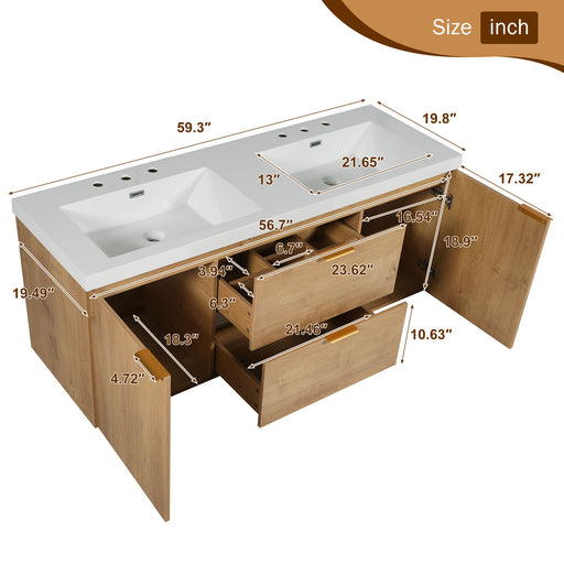 Double Sink Bathroom Vanity Soft Close Doors, Divided Drawers, Wall Mounted - Wood Hearth and Haven