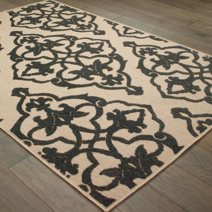 5' X 8' Medallion Stain Resistant Indoor / Outdoor Area Rug - Beige / Black