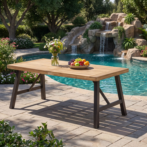 Outdoor Weather Resistant Dining Table With Slat Panel Design - Natural / Gray Noble House